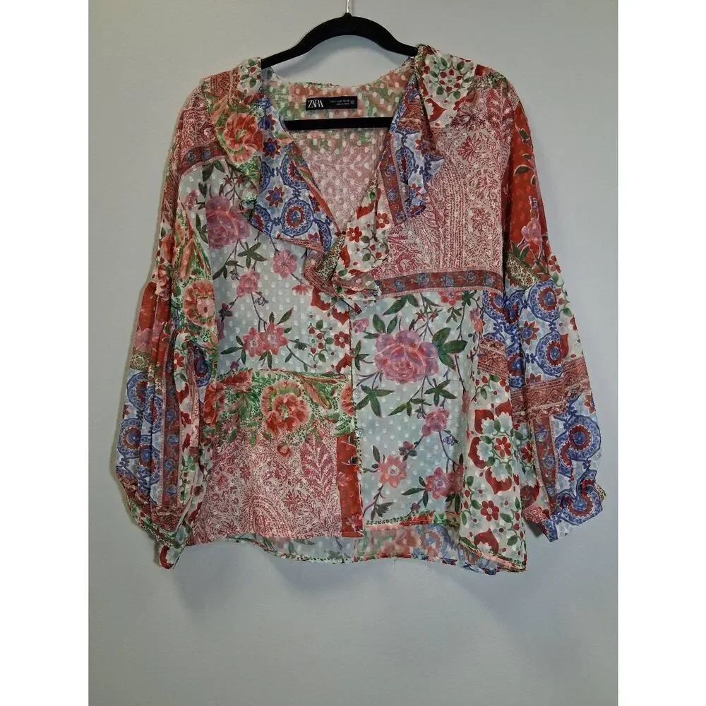 Zara womens large boxy top floral green red sheer boho